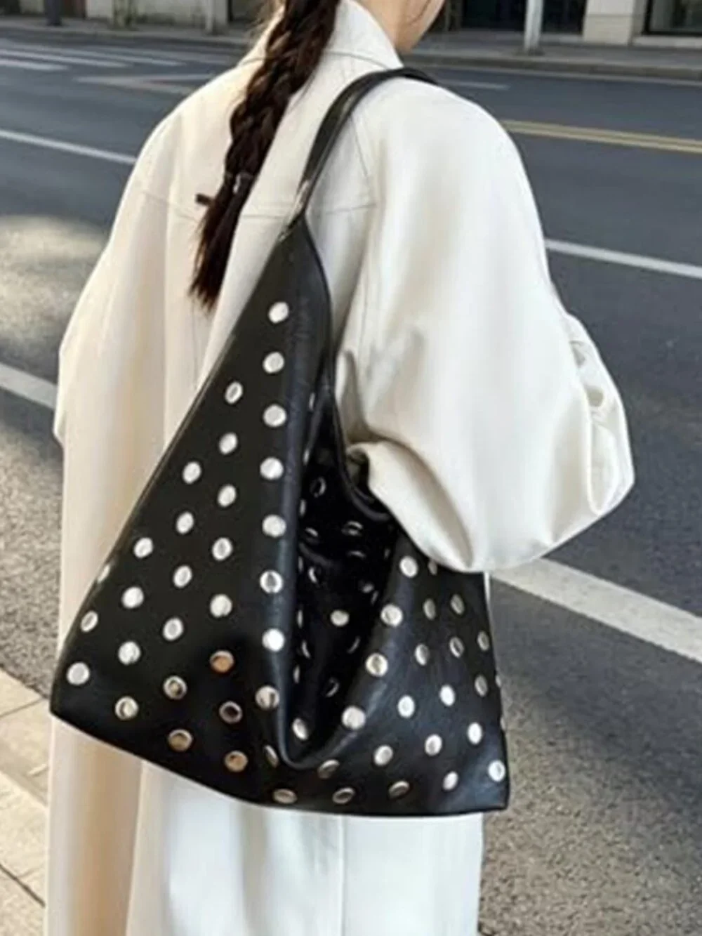 Black Studded Vegan Leather Hobo Bag Y2K Slouchy Punk Shoulder Purse